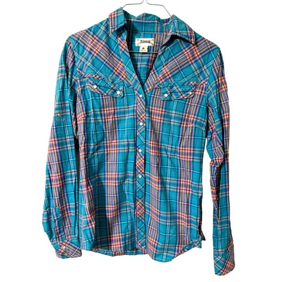 Adiktd Western Long Sleeve Shirt Pearl Snaps Dark Aqua Plaid Size Small - Picture 1 of 6